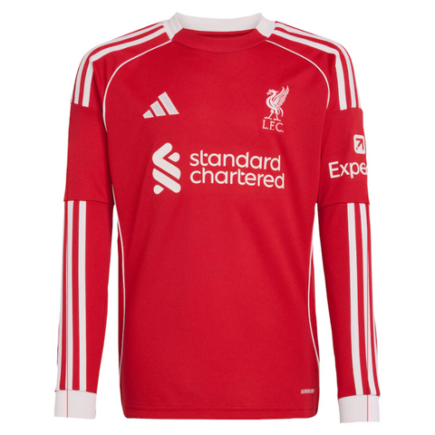 Liverpool adidas Youth 2025/26 Home Custom Long Sleeve Jersey - Red Adidas